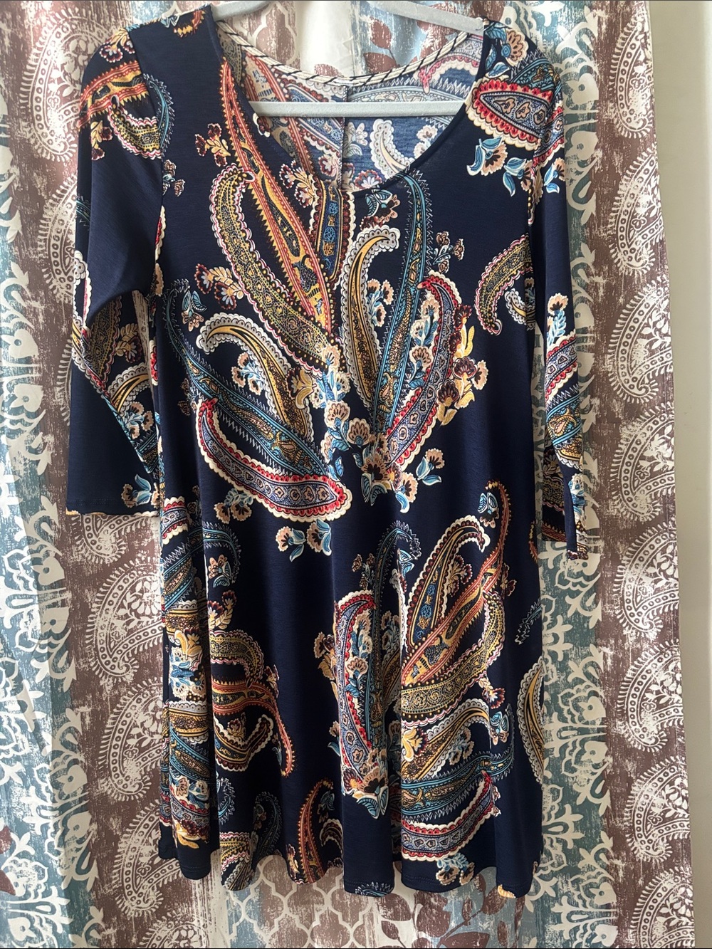 Navy Paisley Swing Dress with Multicolor Accents